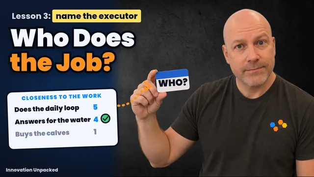 Lesson 3 thumbnail: Mike holds a name tag that says Who? next to the words Who Does the Job?