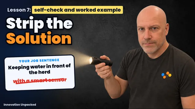 Lesson 7 thumbnail: Mike shines a flashlight on a job sentence next to the words Strip the Solution