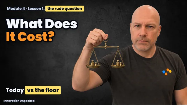 Lesson 1 thumbnail: a man holding a balance scale, with the words What Does It Cost? and Today vs the floor