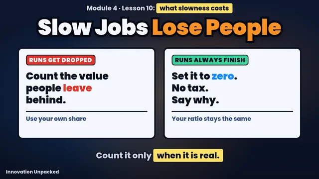 Lesson 10 thumbnail: two cards for runs that get dropped and runs that finish, with the words Slow Jobs Lose People